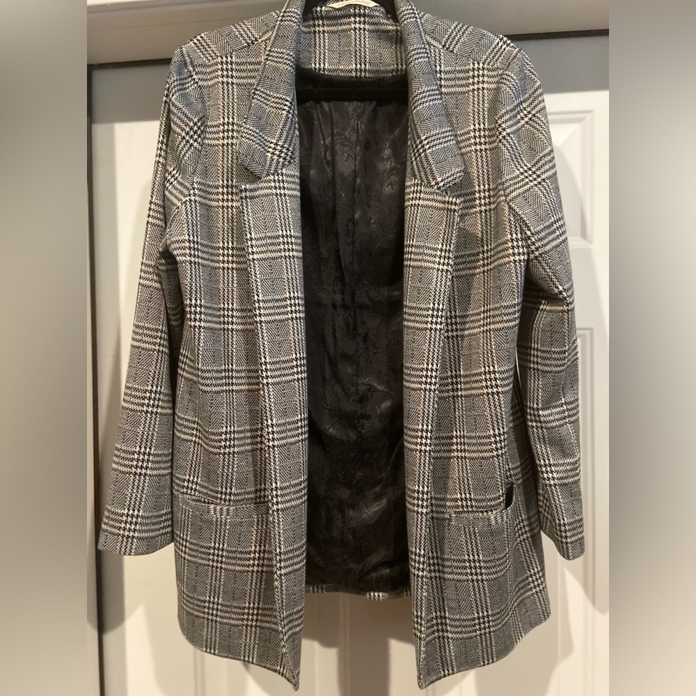 Soft Surroundings~Neutral~Houndstooth Plaid~Blazer/Jacket~Pockets~Lined~Size L